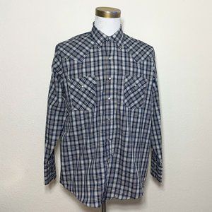 Plains Western Wear Blue Plaid Pearl Snaps Large